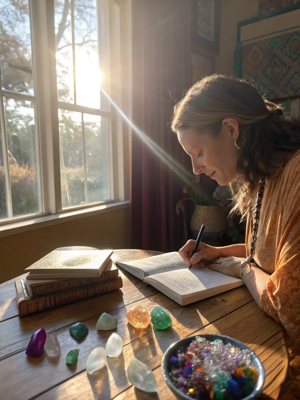 A close-up shot of Tiara's hands writing in a journal, with a pen and a cup of tea nearby. The background is a cozy, inviting workspace with books and spiritual artifacts.