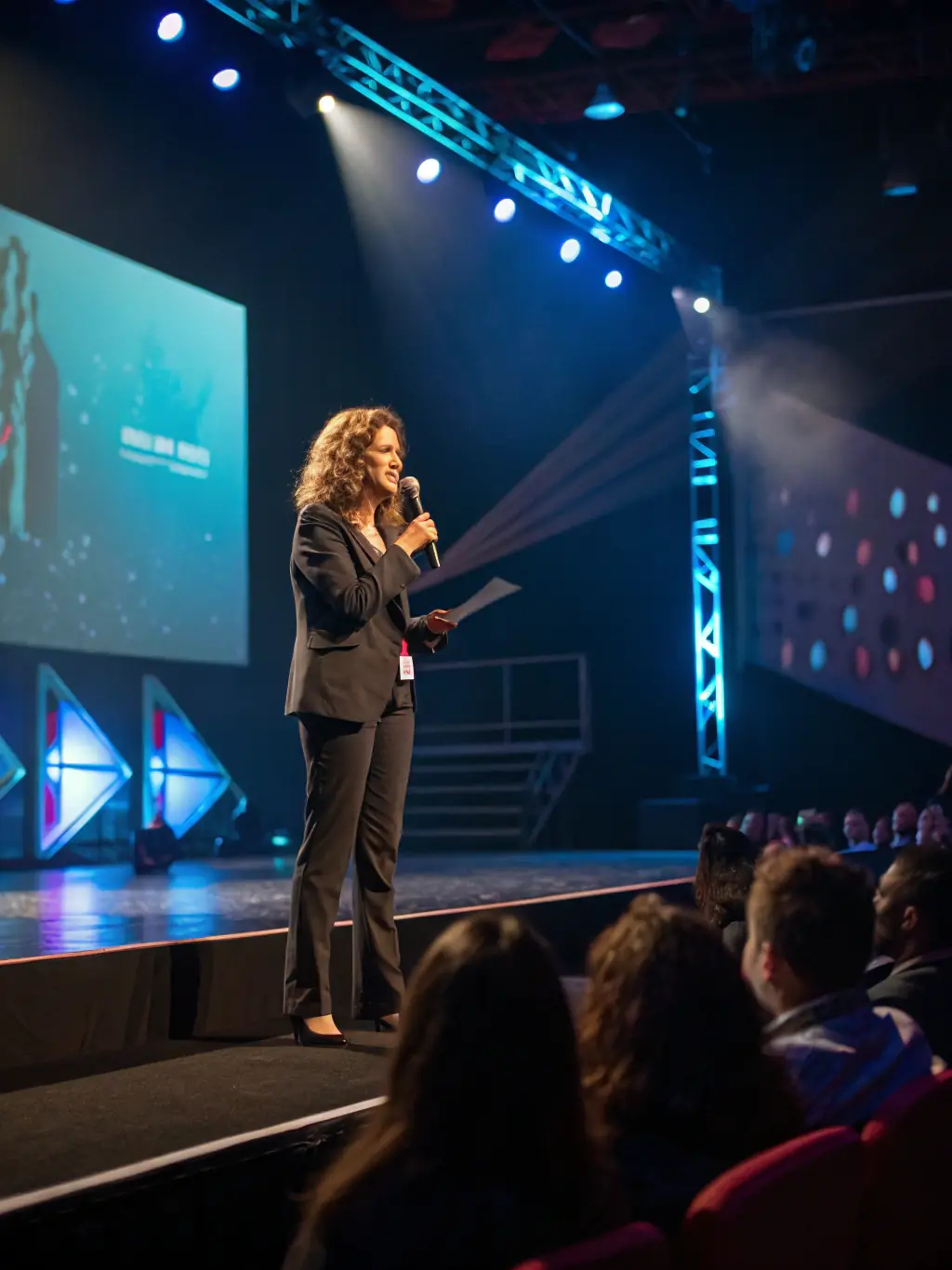 A photograph of Tiara Christopher delivering a keynote speech at a women's empowerment conference, with a diverse audience listening attentively. The lighting is warm and inviting, capturing the energy of the event.