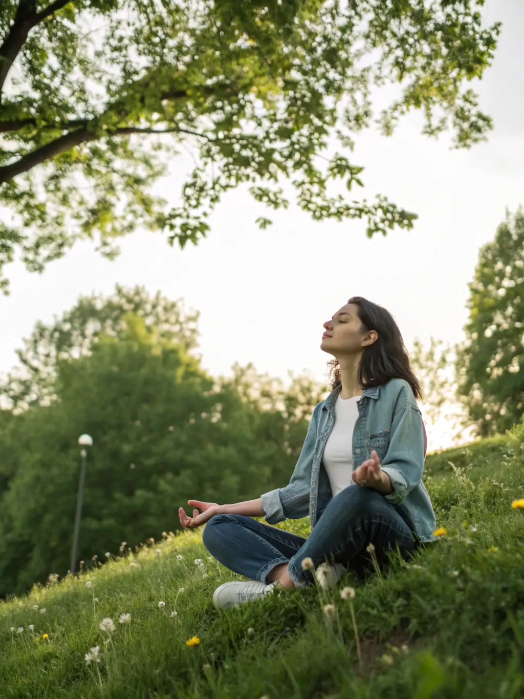 A serene image of Tiara Christopher leading a guided meditation session outdoors, surrounded by nature.