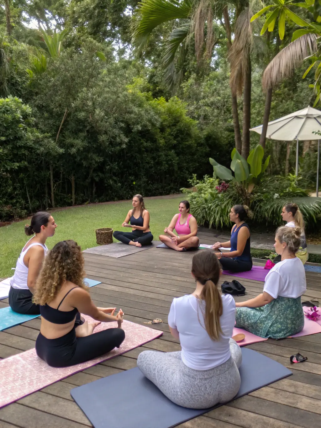 A group of women participating in a yoga-informed trauma workshop led by Tiara Christopher, with a focus on healing and self-discovery.