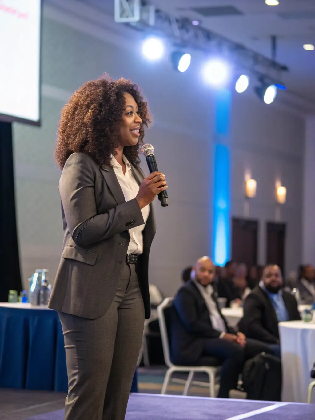 A photograph of Tiara Christopher delivering a keynote speech at a women's empowerment conference, with a diverse audience listening attentively.