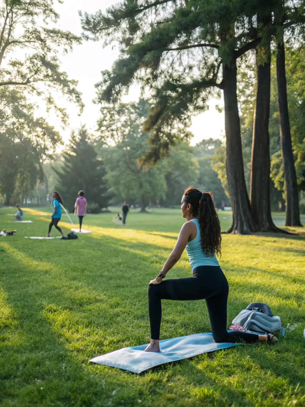 A group of participants engaged in a yoga-informed trauma workshop led by Tiara. The setting is a serene studio with natural light, and the participants are practicing mindful movement.