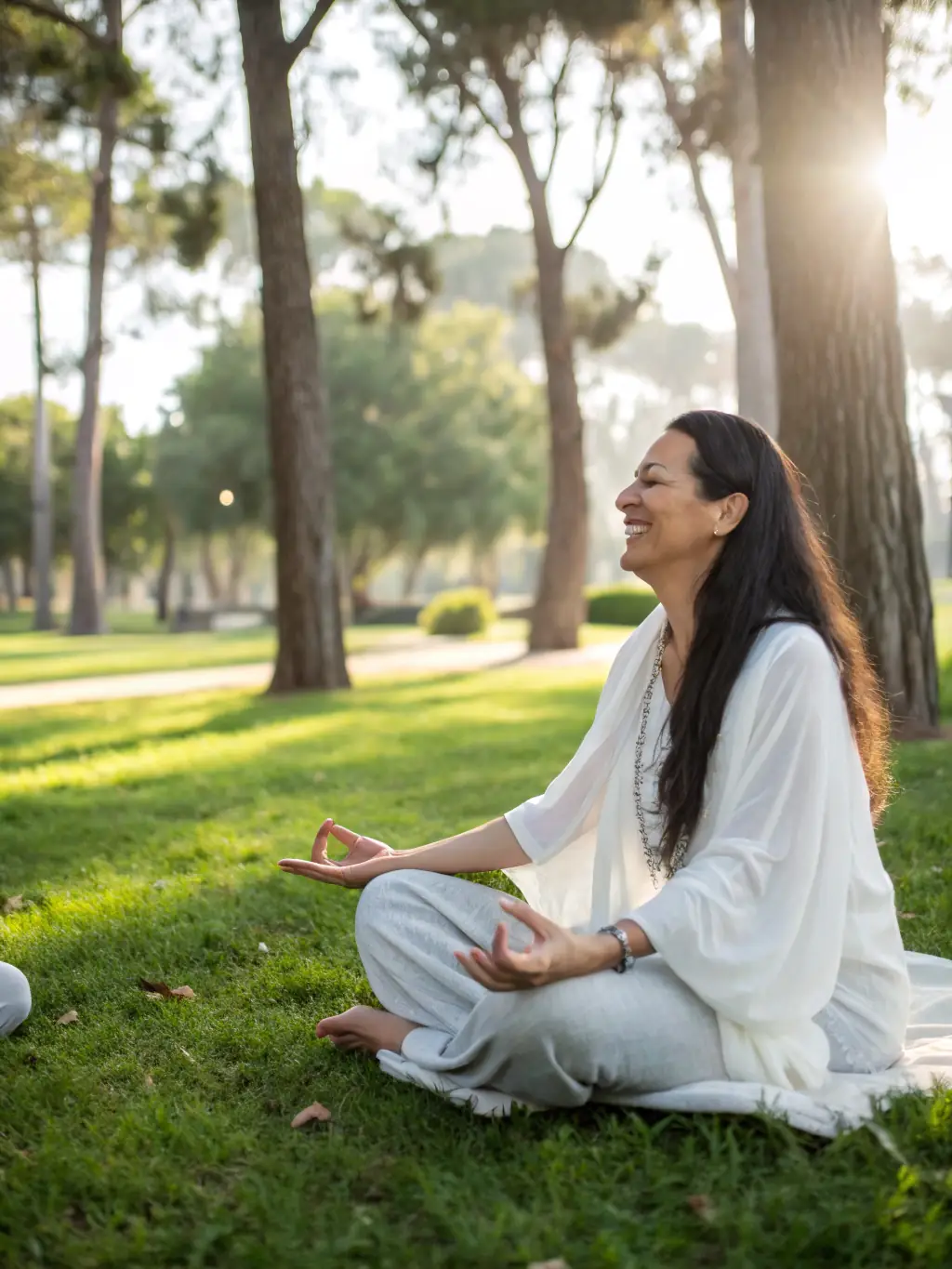 A serene image of Tiara leading a guided meditation session outdoors, surrounded by nature. The scene evokes a sense of peace, healing, and spiritual connection.