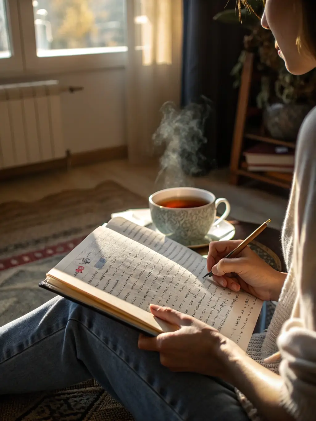 A close-up shot of Tiara Christopher's hands writing in a journal, with a warm and inviting background.
